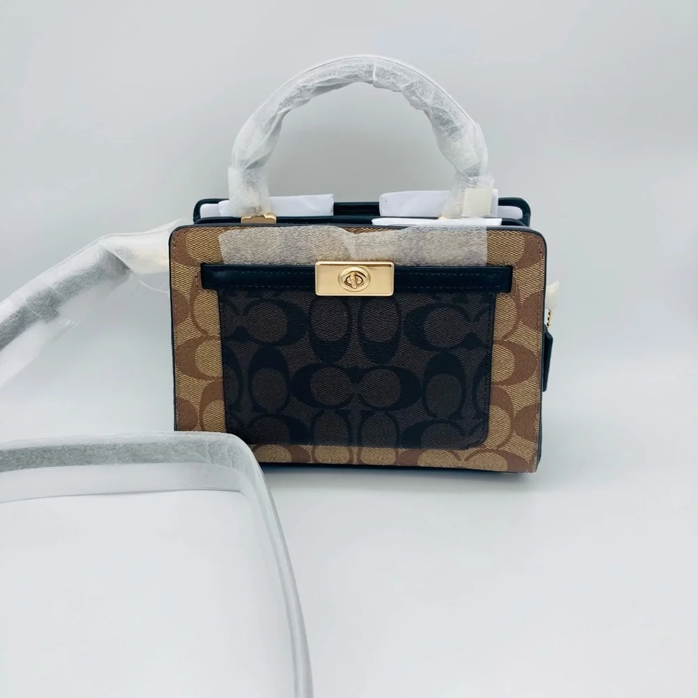 NWT COACH MINI LANE TOP HANDLE IN BLOCKED SIGNATURE CANVAS CROSSBODY BAG